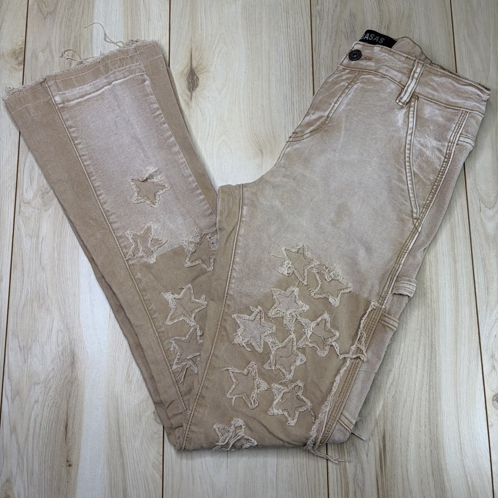 Valabasas Tan Star Print Design Work Jeans Flare Pants Mens Size 32x34